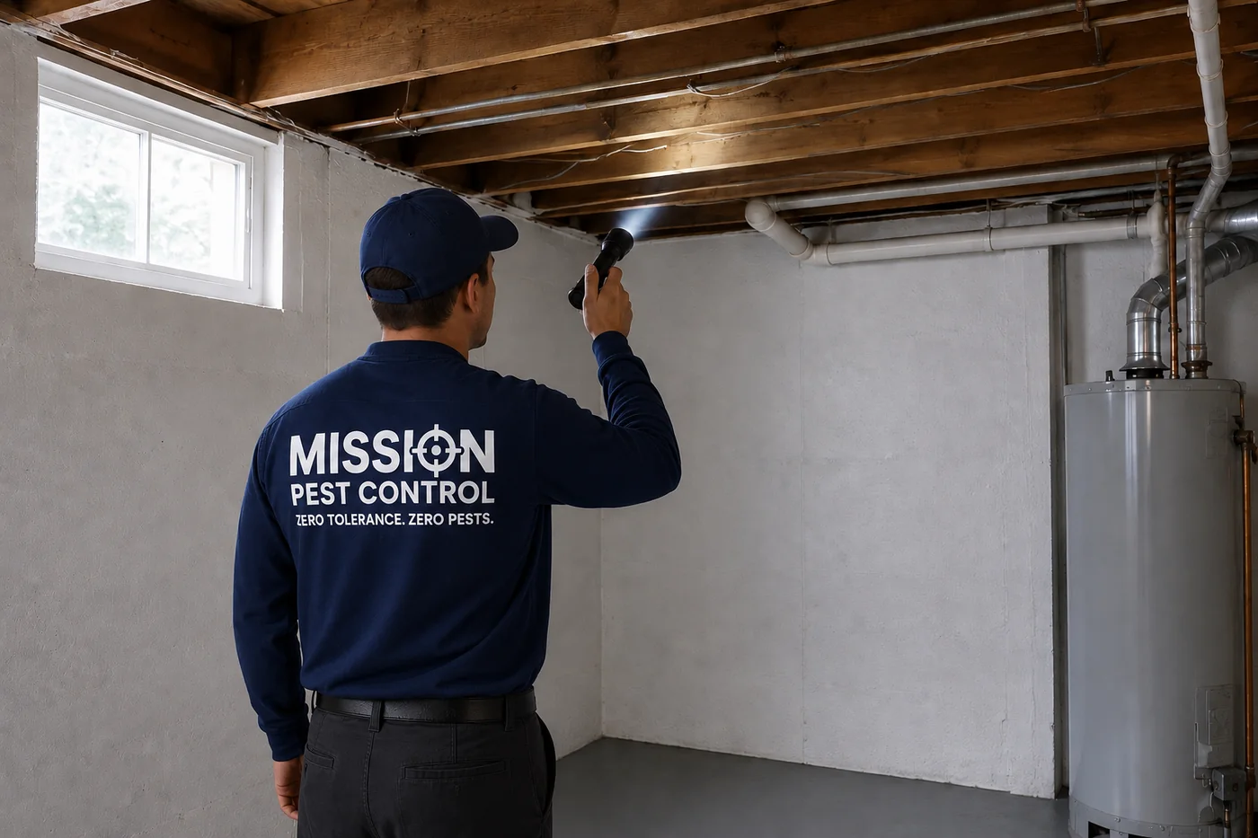 Mission technician inspecting a basement for pest activity and entry points