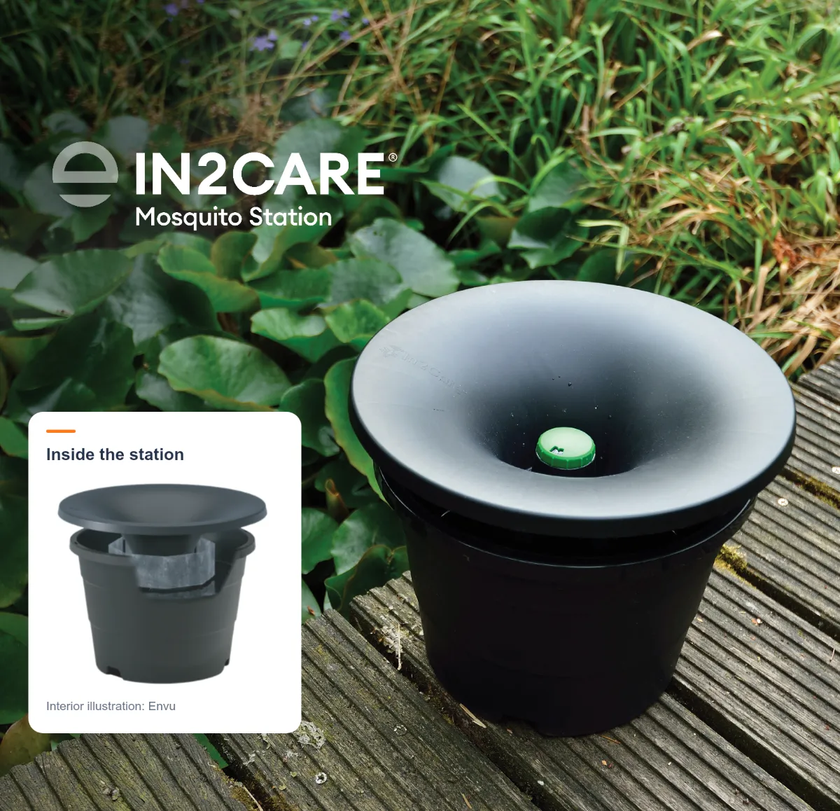 In2Care mosquito station in a garden with an inset showing the interior netting