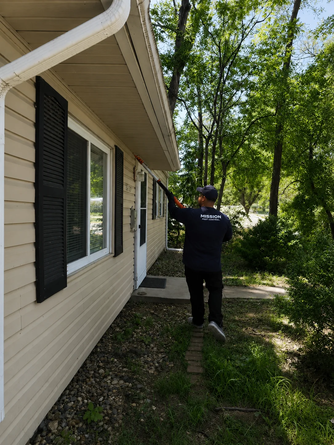 Mission Pest Control technician removing exterior webs from a residential eave