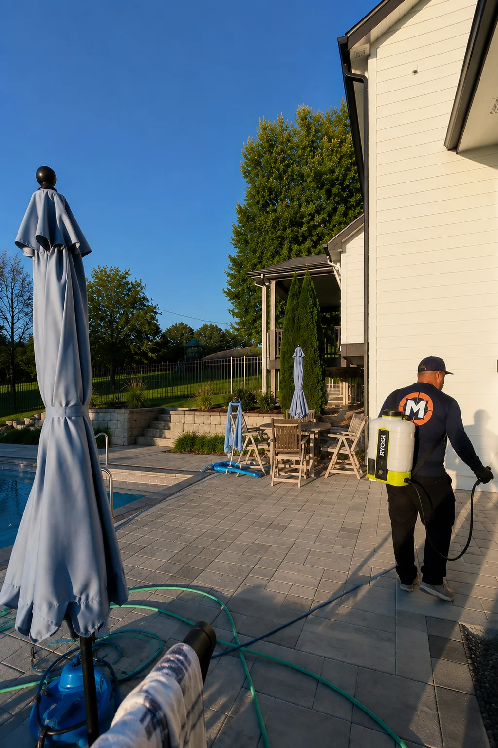 Mission Pest Control technician performing exterior residential pest service