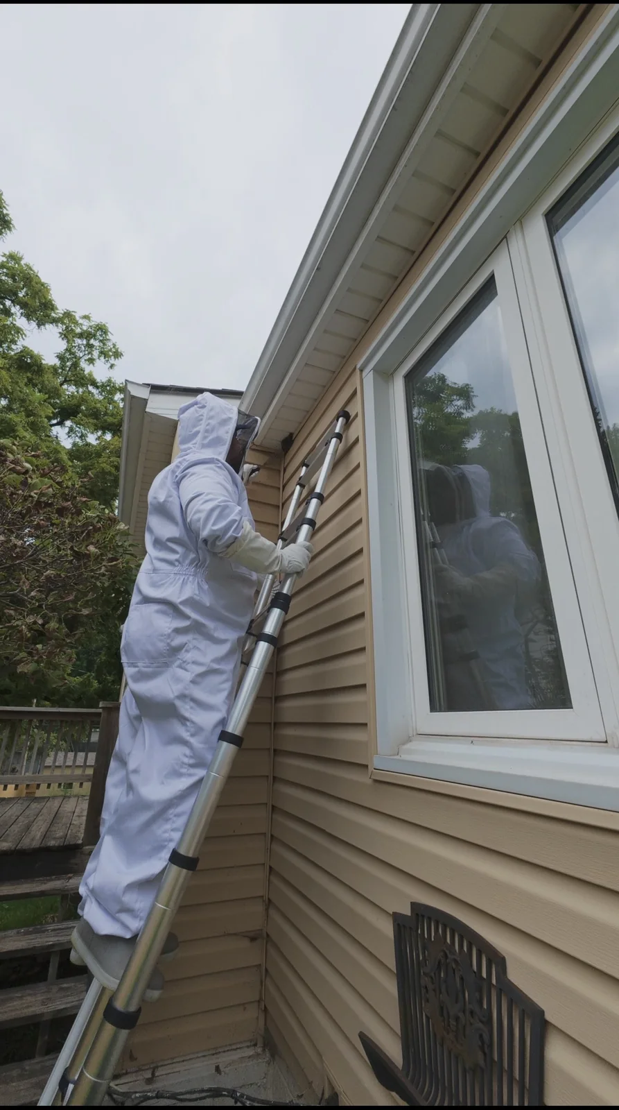 Mission Pest Control technician inspecting and treating a wasp nesting area near residential siding
